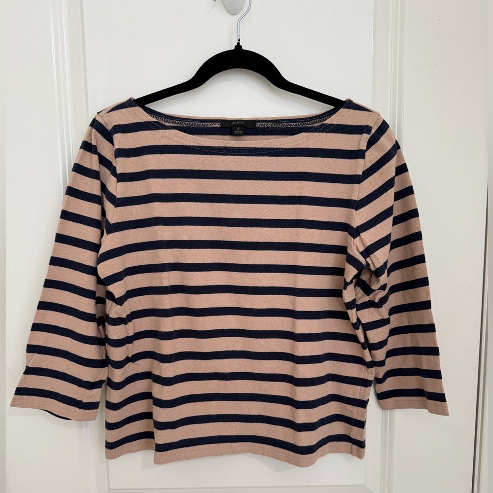 J. Crew Tan and Blue 3/4 Sleeve Boxy Top